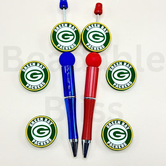 Two pens, one blue and one red, with Green Bay Packers logos on a white background.

