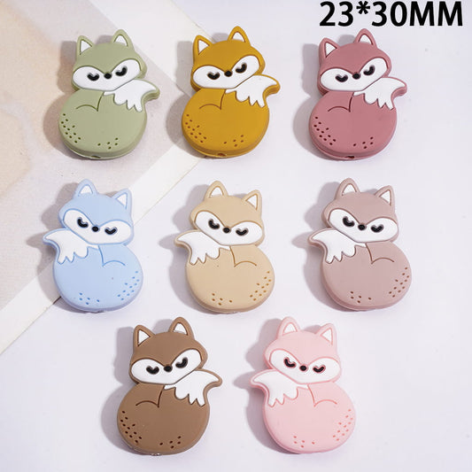 Silicone Focal Beads w Sleeping Fox Design, 23*30MM, Multi-Color Random Mix