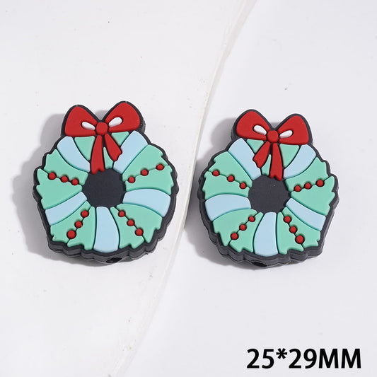 Christmas Theme Wreath with Red Bowtie Silicone Focal Beads, 25*29MM