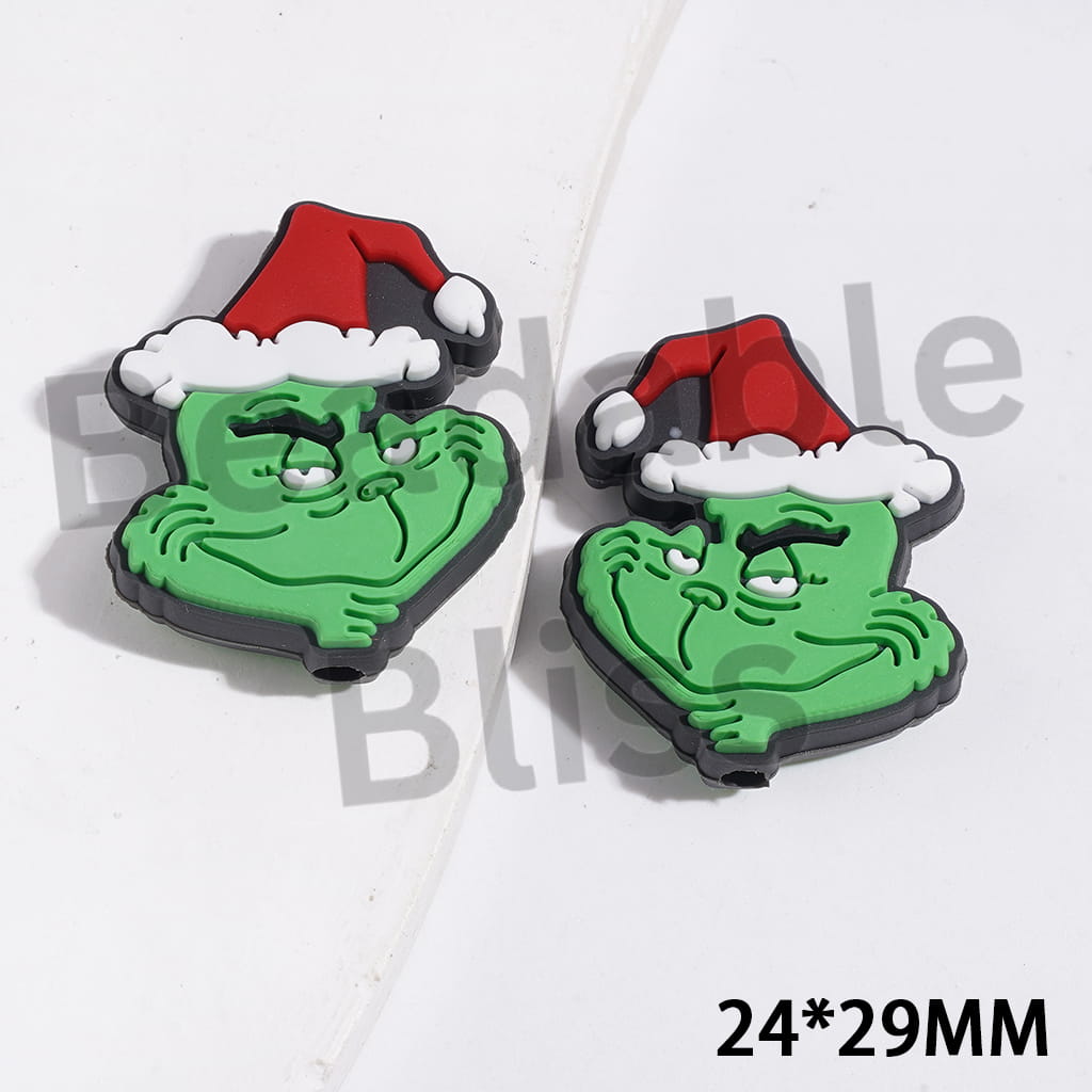 Green Character with Christmas Hat Silicone Focal Beads, 24*29MM