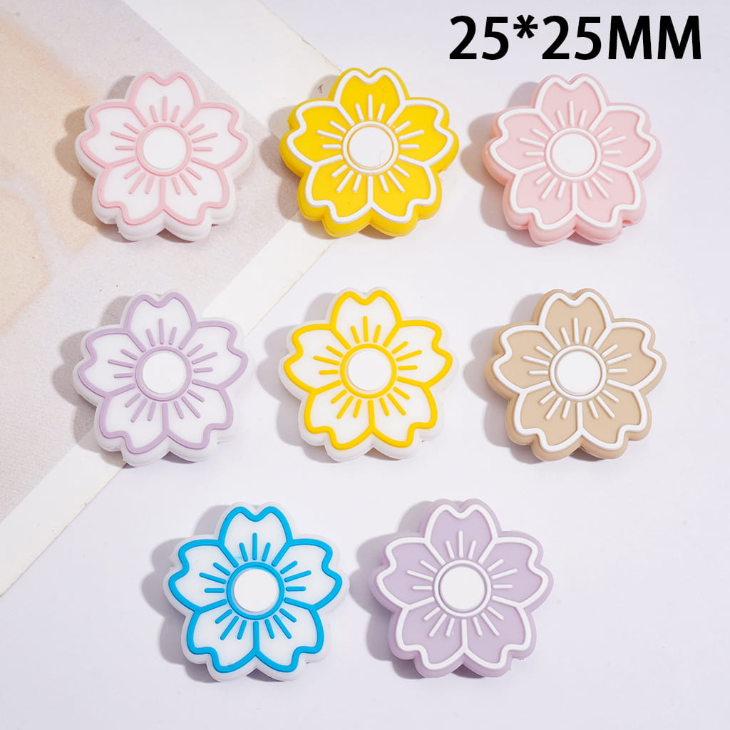 Silicone Focal Beads with Cherry Blossom Flower Series, 25*25MM, Random Mix