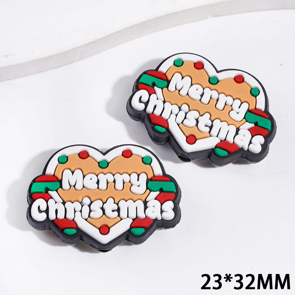 Silicone Focal Beads Light Brown Heart with Text "Merry Christmas" and Candy Cane, 23*32MM
