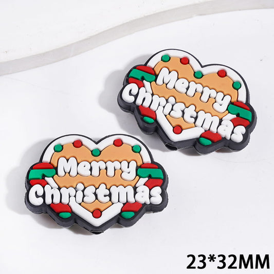 Silicone Focal Beads Light Brown Heart with Text "Merry Christmas" and Candy Cane, 23*32MM