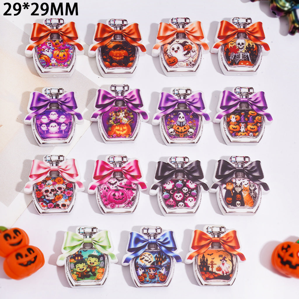Halloween Perfume Bottle Silicone Focal Beads w Bow Detail, 29*29MM, Assorted Styles, Random Mix