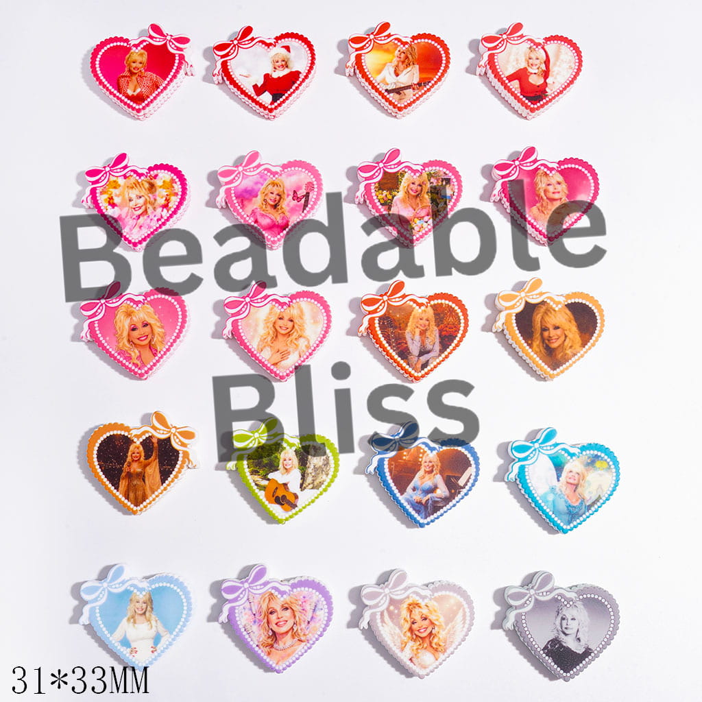 Silicone Focal Beads Heart with American Country Singer and Bowtie, 31*33MM, Random Mix