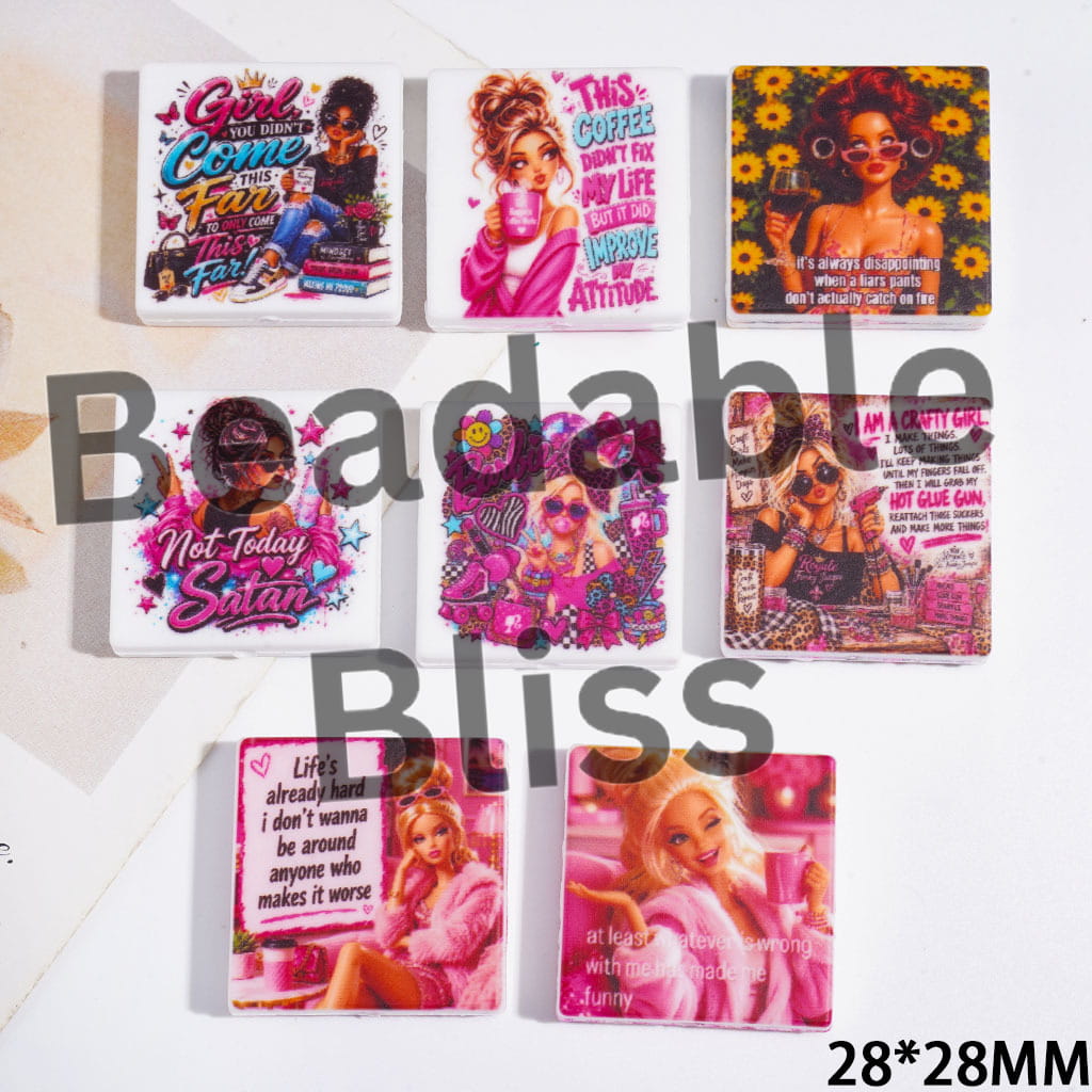Silicone Focal Beads with Various Style Fashion Doll Character and Text Flower, Flat Square Shape, 28*28MM Random Mix