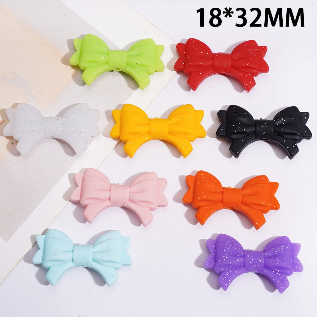 Silicone Focal Beads with Cute Glitter Bow Design, 18*32MM, Random Mix
