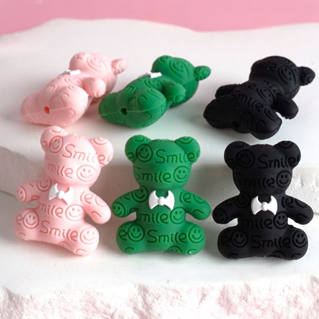 3D Green Black Cute Smile Face Bear with a White Bowknot Silicone Focal Beads, Random Mix