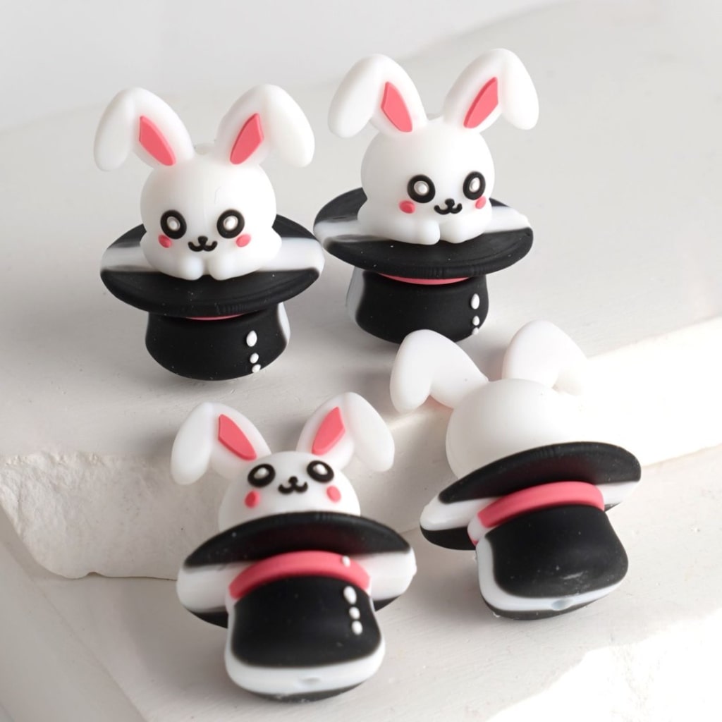 3D Cute White Bunny Rabbit in the Hat Silicone Focal Beads