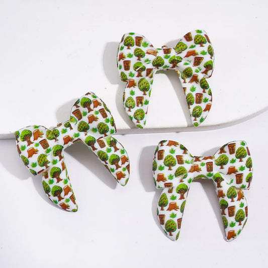 Silicone Focal Beads Soft Bowtie with Tree Stump Grass Potted Plant, 40MM