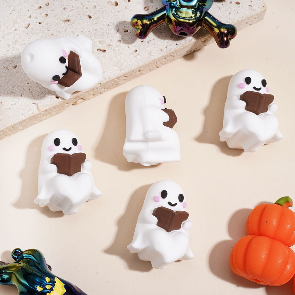 3D Cute Ghost Reading Book Silicone Focal Beads, Halloween, Around Height 25MM