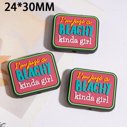 Silicone Focal Beads with Text "I'm just a beachy Kinda Girl", Round Rectangle Shape, 24*30MM