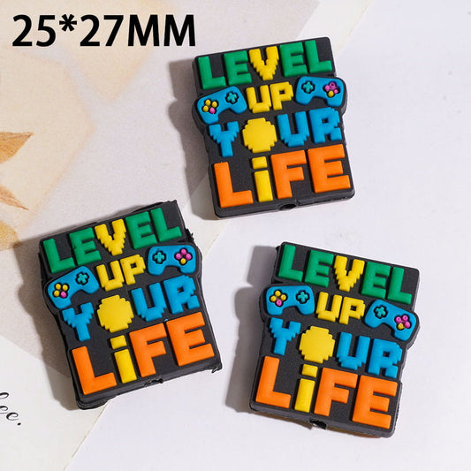 Silicone Focal Beads Text "level up your life" and Game Controller, 25*27MM
