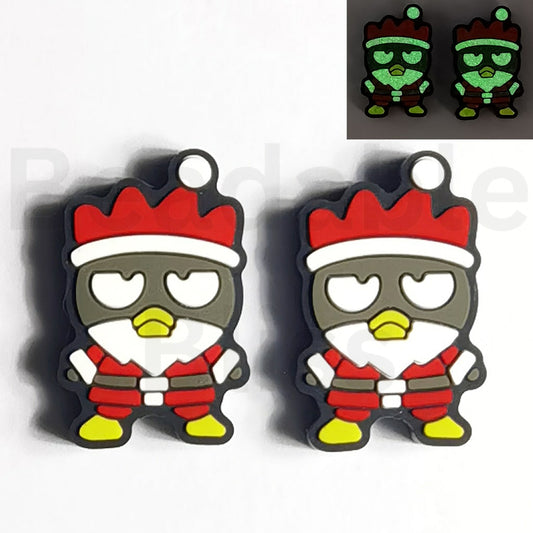 Two cartoon character charms with a red hat and gray face on a white background.


