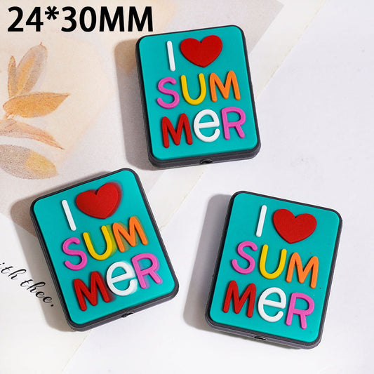 Silicone Focal Beads Text "I SUMMER" and Heart, Flat Rectangle Shape, 24*30MM