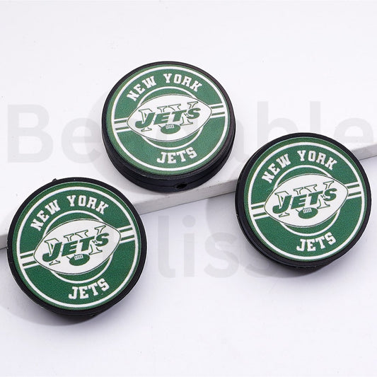 Three New York Jets logo coasters on a white surface

