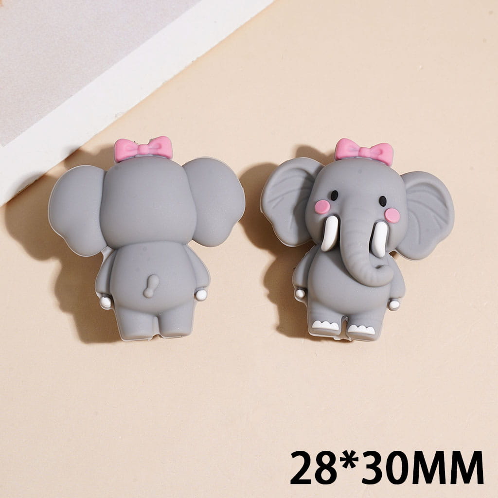 3D Gray Elephant with Pink Bow on Head Silicone Focal Beads, 28*30MM