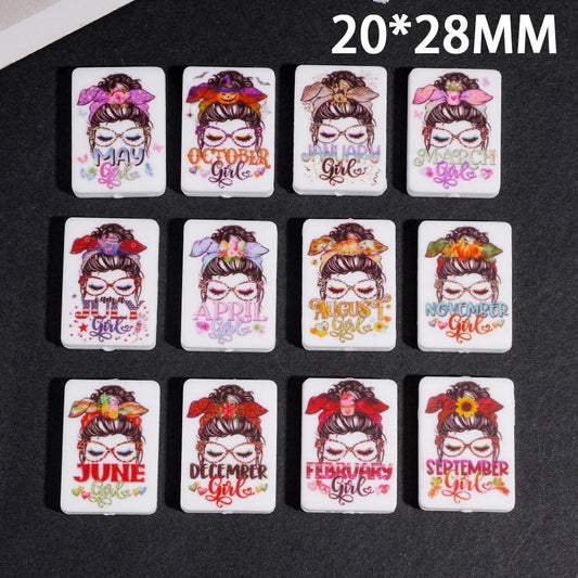 Silicone Focal Beads with Twelve Month Girl Series, Flat Rectangle Shape, Random Mix