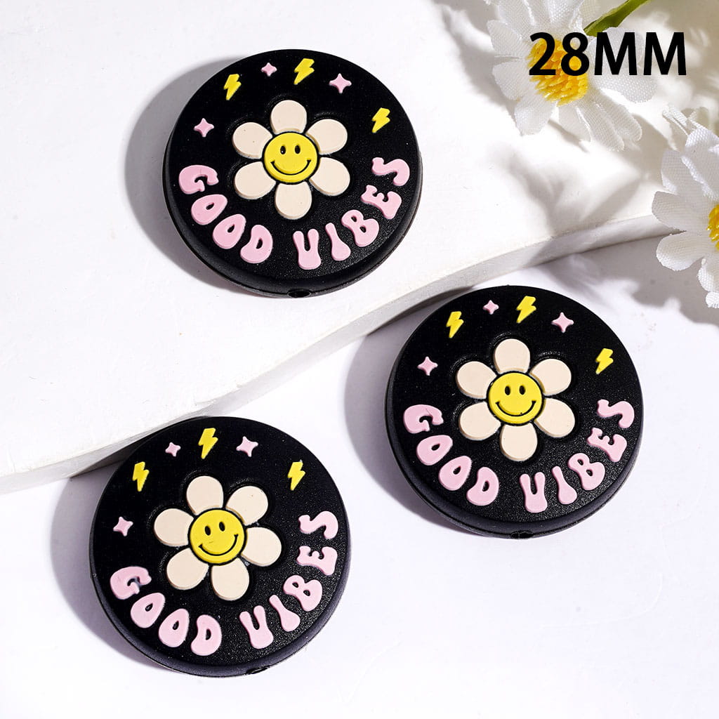 Smiling Daisy Flowers Text "GOOD VIBES" Silicone Focal Beads, Flat Round Shape, 28MM