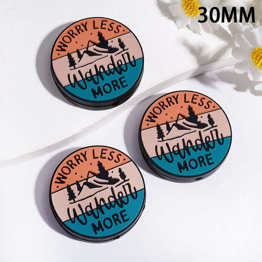 Silicone Focal Beads Mountain Tree & Text "Worry Less Wander More", Flat Round Shape, 30MM