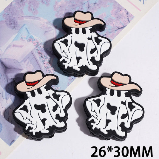 Halloween Theme Ghost with Cowboy Hat and Cow Pattern Silicone Focal Beads, 26*30MM
