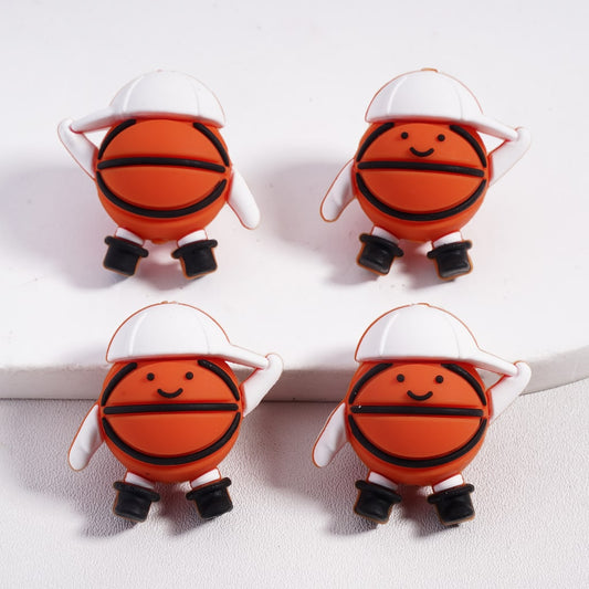 Four cartoon-style basketball characters with white hats on a light gray background

