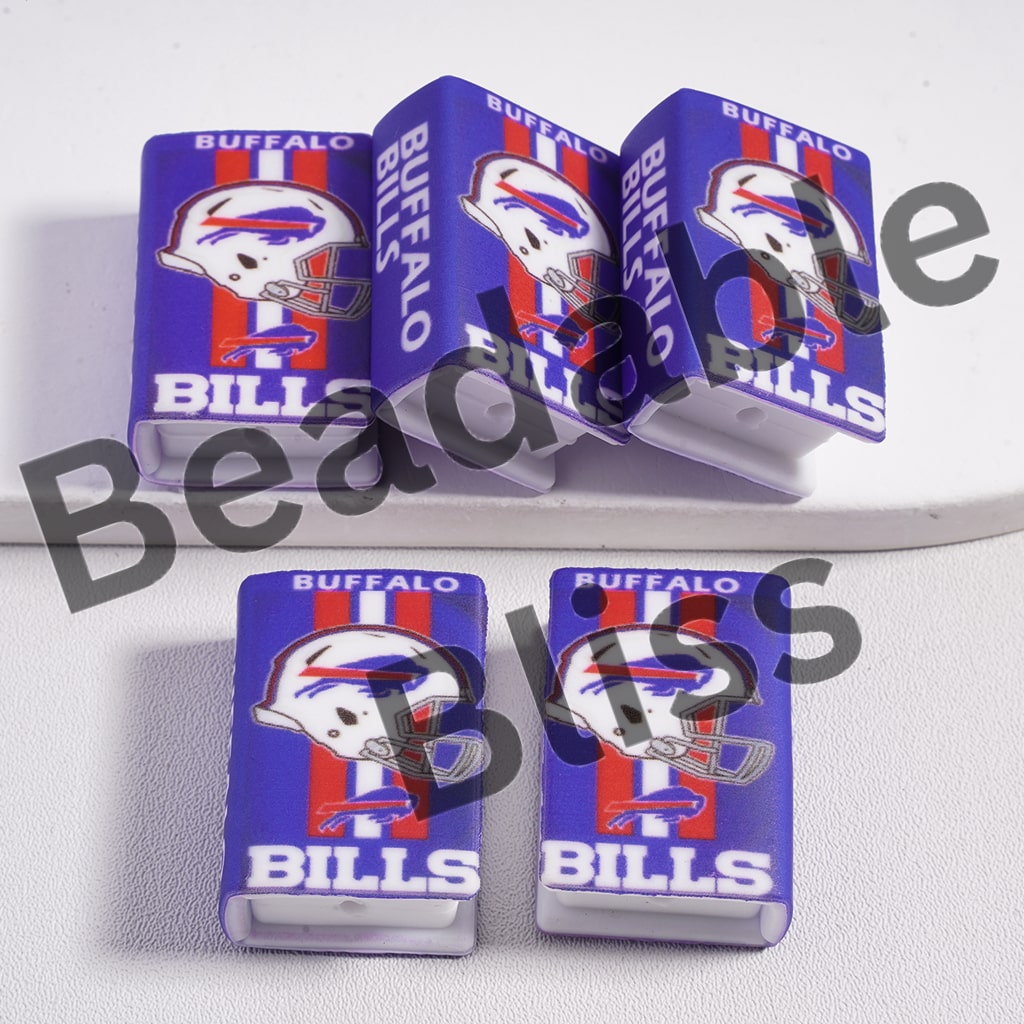 Four Buffalo Bills-themed lip balms on a white background with 'beadablebliss' branding.

