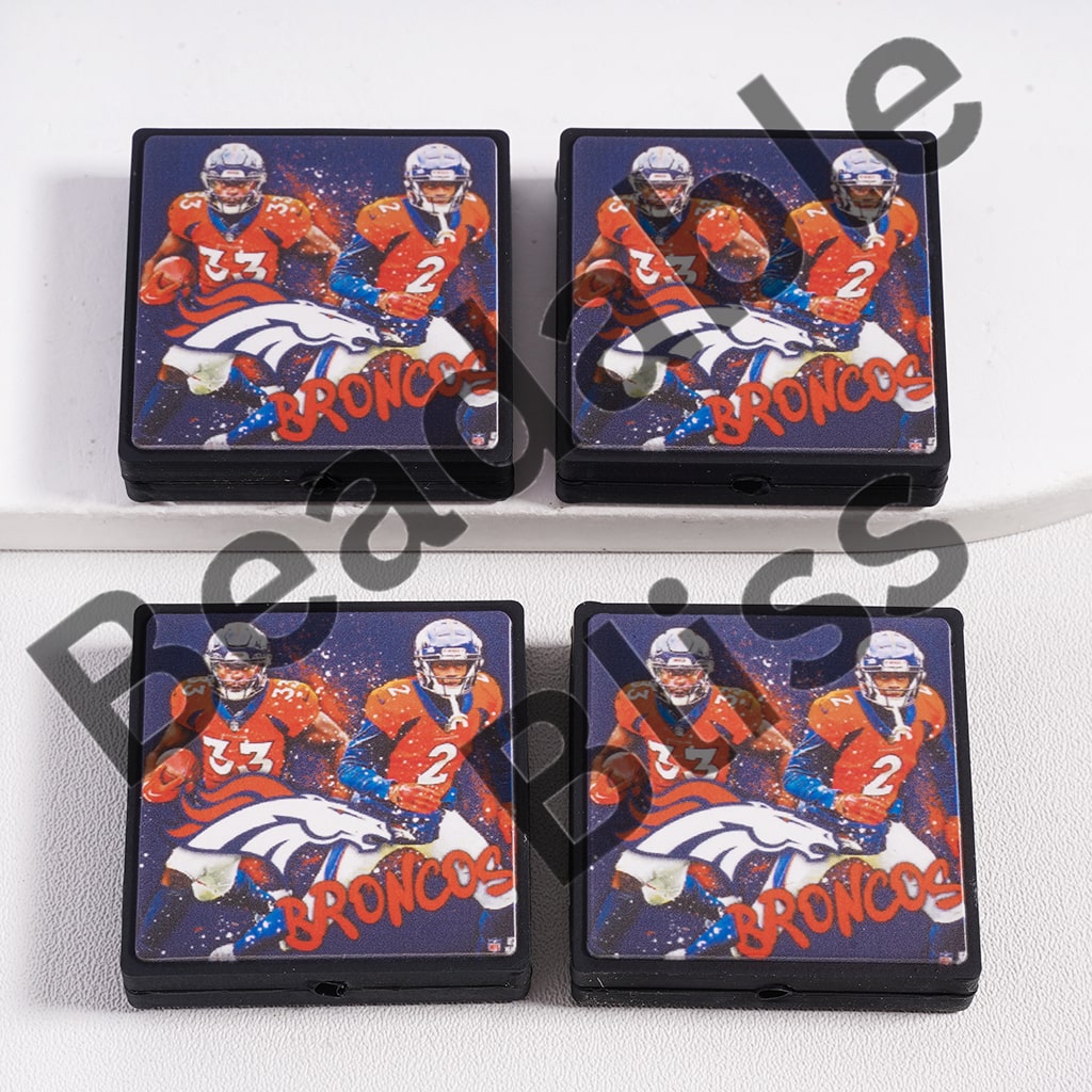 Four Denver Broncos coasters with player images on a white background

