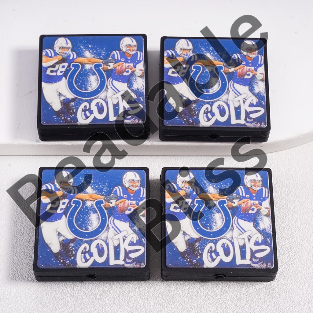 Four coasters with Indianapolis Colts football player design on a white background

