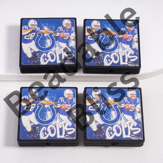 Four coasters with Indianapolis Colts football player design on a white background

