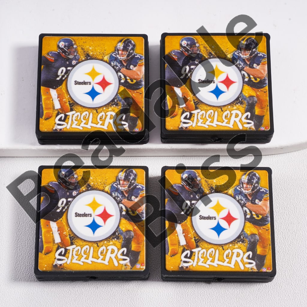 Four coasters with Pittsburgh Steelers logo and players on a white background

