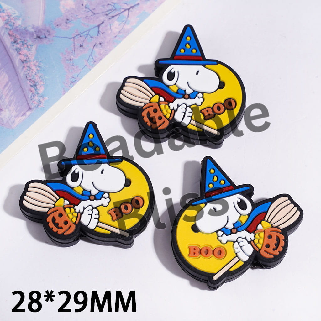 Silicone Focal Beads Beagle Dog w Wizard Hat Riding a Broom, Halloween Theme, 28*29MM
