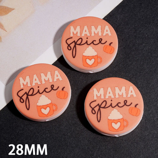 Silicone Focal Beads with Coffee Pumpkin Text " MAMA SPICE" , Flat Round Shape, 28MM