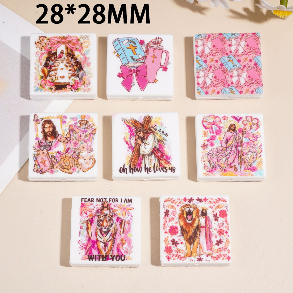 Christian Religion Theme Silicone Focal Beads, with the Bible Book Jesus Tiger Prints, Flat Square Shape, Random Mix