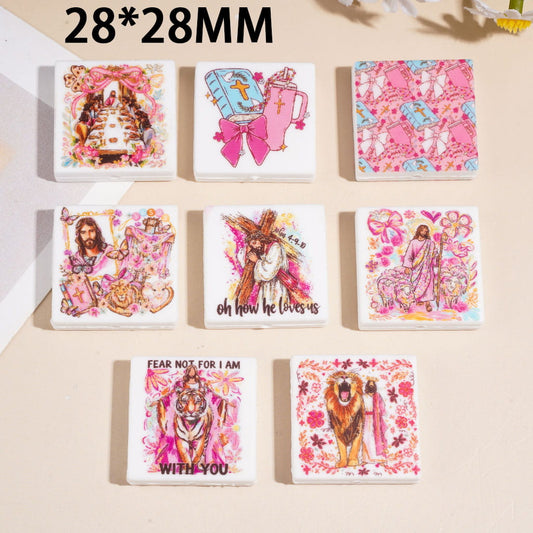 Christian Religion Theme Silicone Focal Beads, with the Bible Book Jesus Tiger Prints, Flat Square Shape, Random Mix