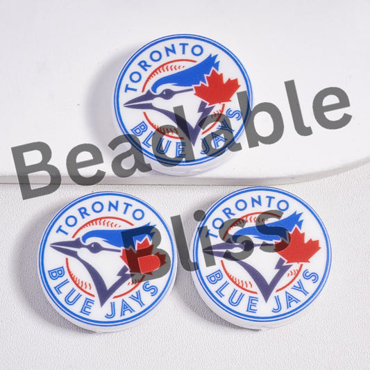 Three Toronto Blue Jays logo pins on a white background with 'beadablebliss' text.

