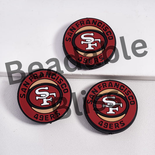 Three San Francisco 49ers logo coasters on a white background with 'beadablebliss' branding.

