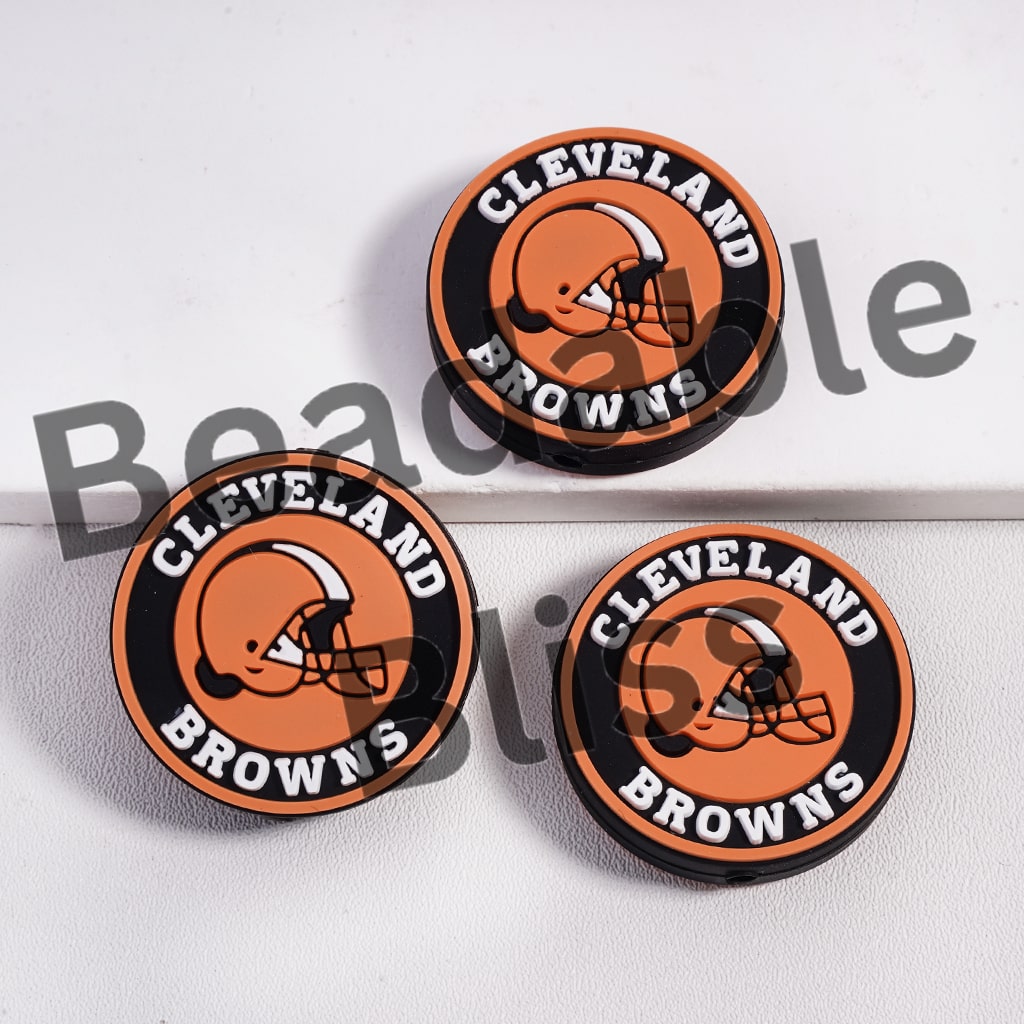 Three Cleveland Browns logo coasters on a white background with 'beadablebliss' branding.