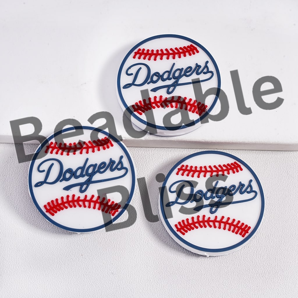 Three Dodgers logo coasters on a white background with 'beadablebliss' text.

