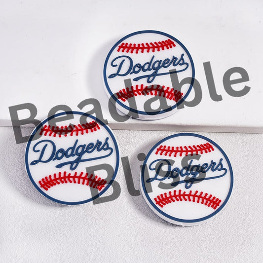 Three Dodgers logo coasters on a white background with 'beadablebliss' text.

