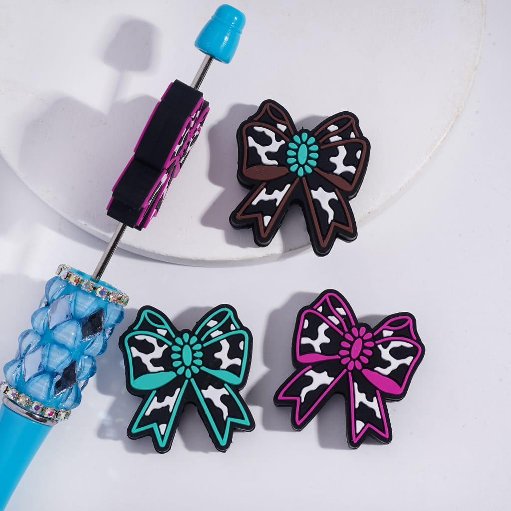Silicone Focal Beads Cute Bowtie with Cow Pattern in Various Colors