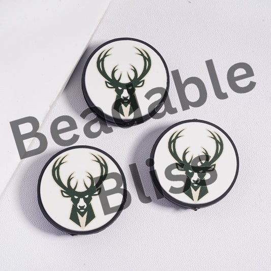 Three circular coasters with deer design on a white background, branded 'handsinsupply.com'.