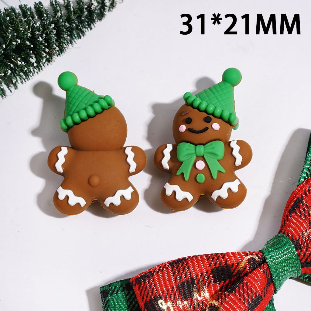 3D Silicone Focal Beads Gingerbread Man with Green Christmas Hat and Bowtie, 31*21MM