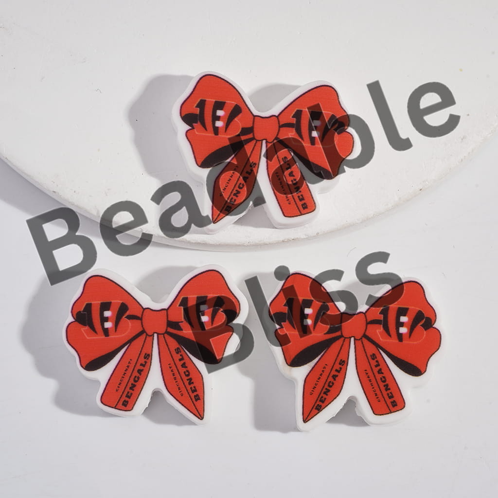 Silicone Focal Beads Bow Tie Shape with Cincinnati Football Pattern
