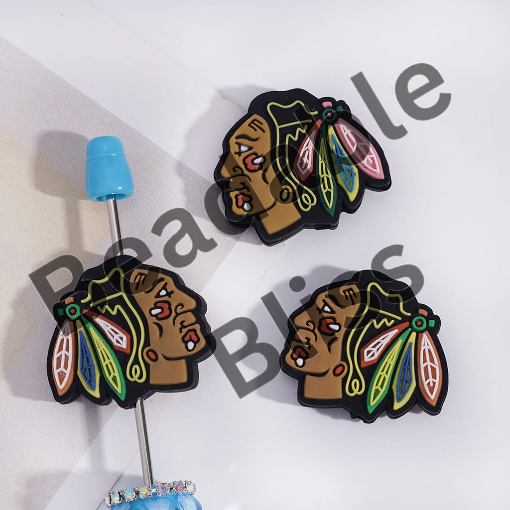 Colorful Native American head designs on a white background with 'handsome supply' branding.