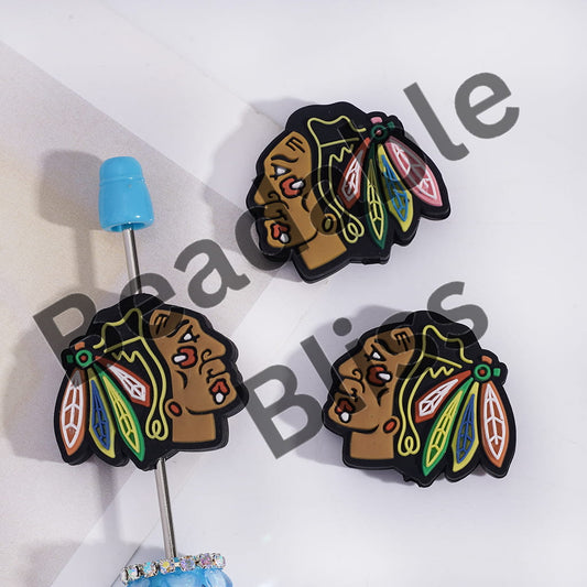 Colorful Native American head designs on a white background with 'handsome supply' branding.