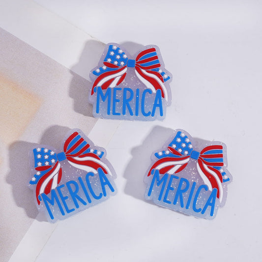 Silicone Focal Beads with Text "MERICA" and Bowtie in American Flag, Silver Glitter