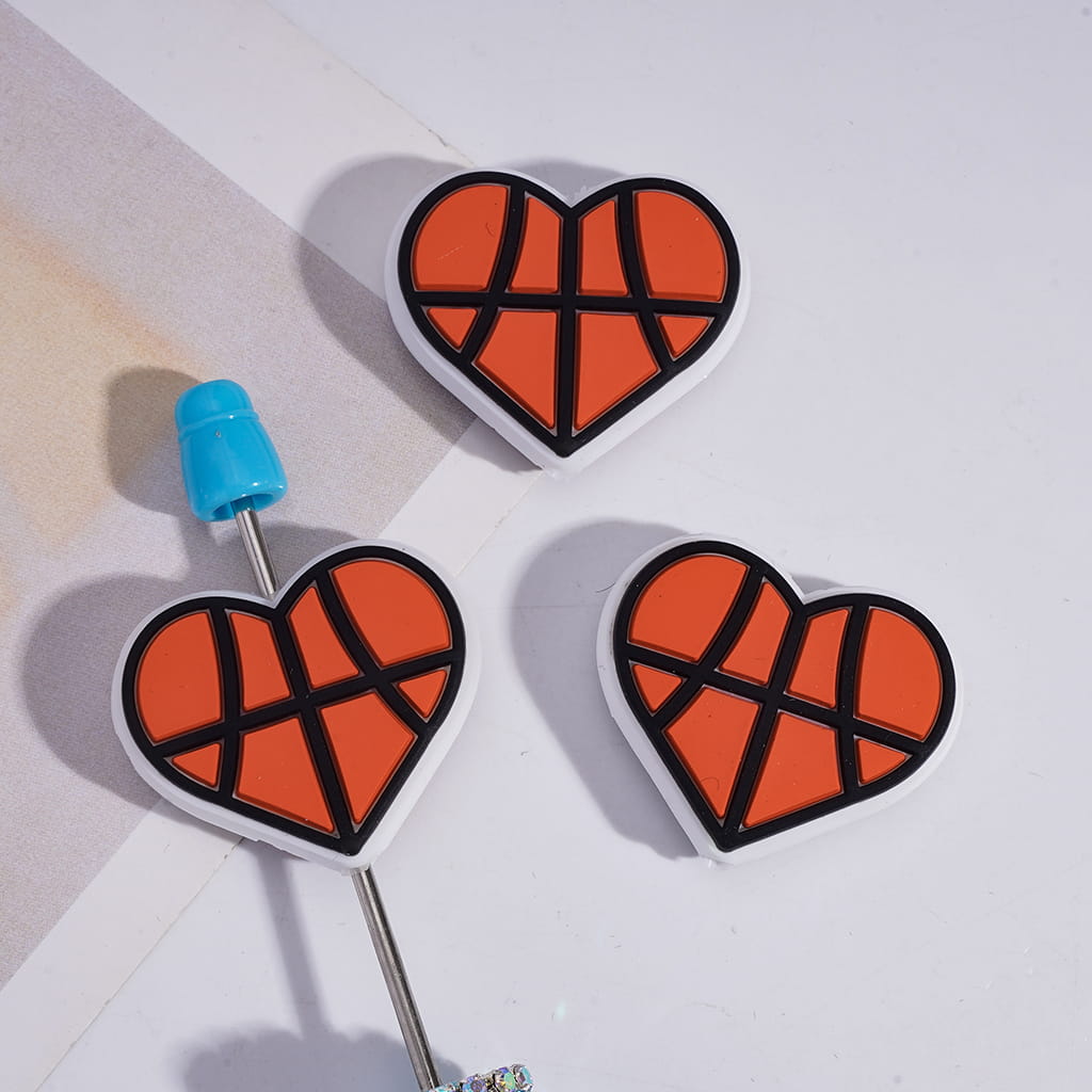 Silicone Focal Beads Sports Style Heart with Basketball Texture