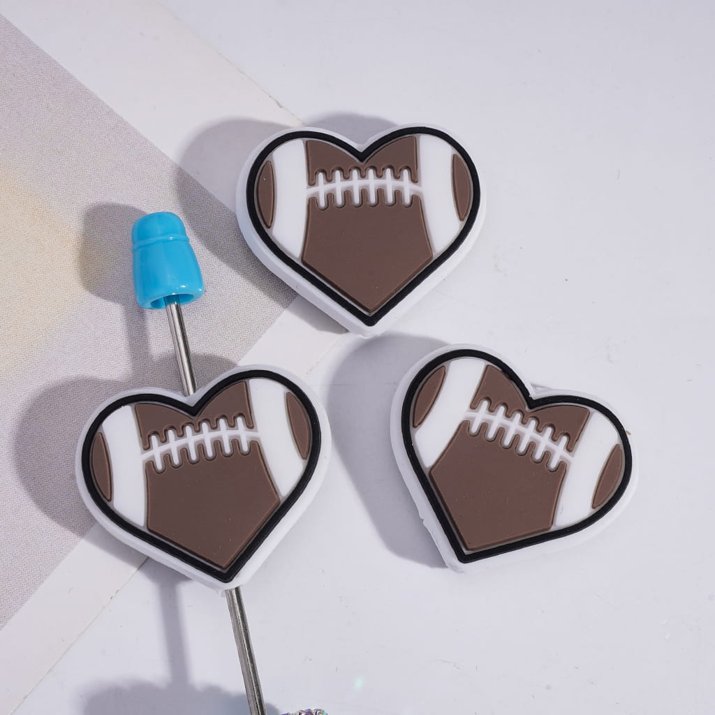 Silicone Focal Beads Sports Style Heart with American Football Texture