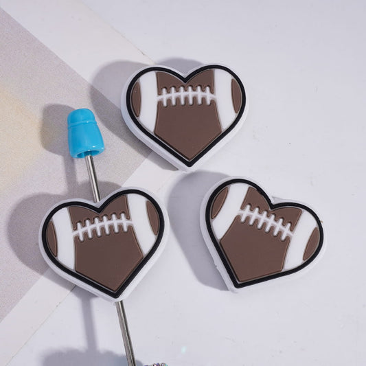 Silicone Focal Beads Sports Style Heart with American Football Texture